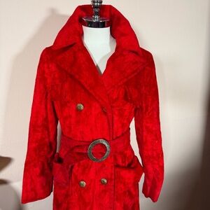 Vintage 1970’s Betty Rose ILGWU Red Velvet Corduroy mod Belted Trench coat med.